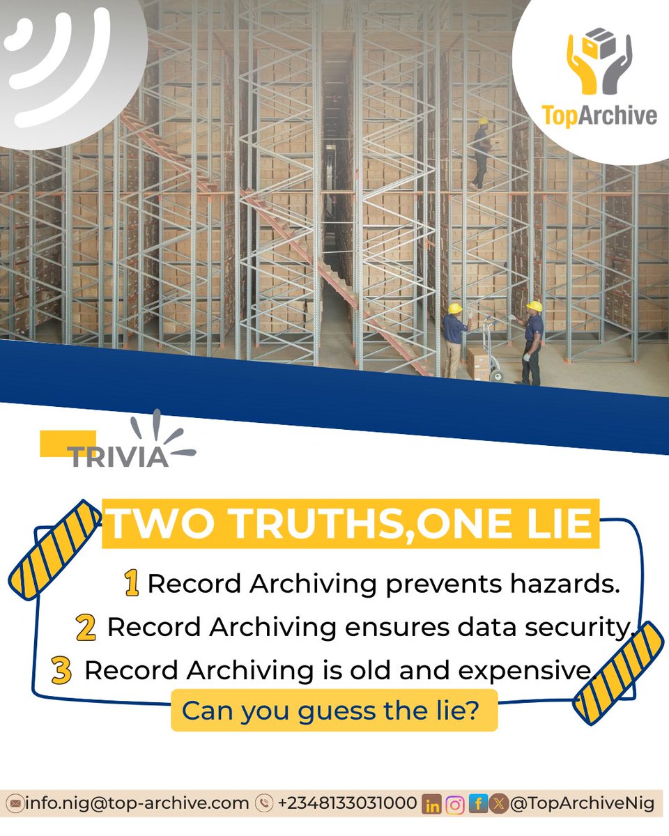 #MidWeek #Trivia #Trending 

TWO TRUTHS, ONE LIE! 
Archiving has evolved FAR beyond dusty shelves and bulky files. Today, it’s smart, digital, secure, affordable, and essential for every modern business.

Which of these do you think is FALSE?
Contact us: info.nig@top-archive.com