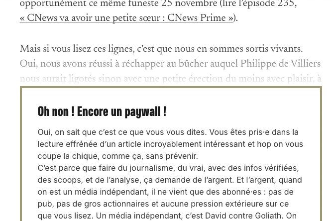 On dit souvent qu'un bon paywall doit créer une frustration chez le lecteur.

Chez <a href="/lesjours/">lesjours</a>, on prend cela au pied de la lettre (mais on est sur X, personne ne juge personne).