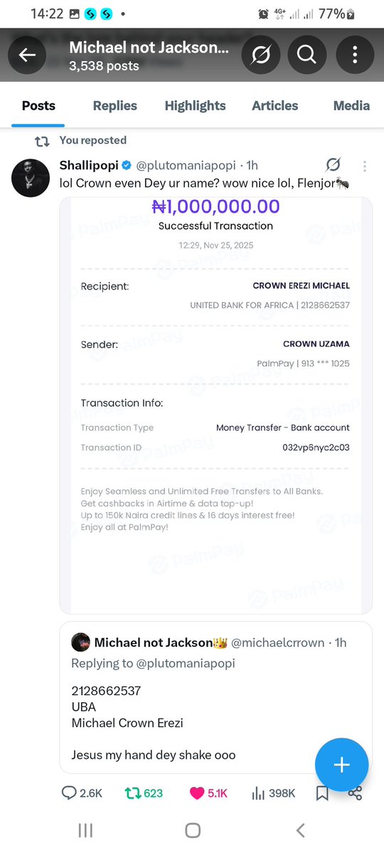 michaelcrrown's tweet image. First million was made 2 days ago when shallipopi gifted me, Words still can&apos;t express what I am feeling rn.