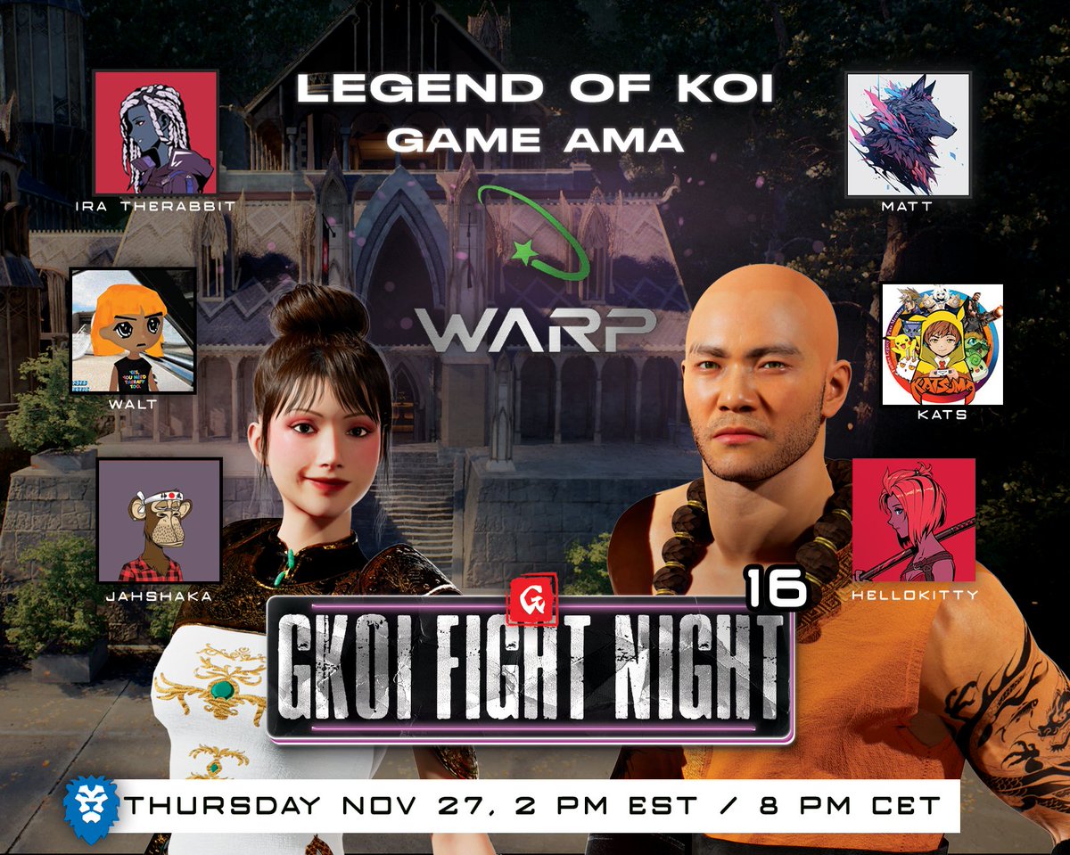 GM! It's Fight Night⚔️

Special AMA with GKOI team &amp; <a href="/BuxtonMatthew/">💫Matthew Buxton</a> from WARP Games, joined by gamers <a href="/KatsDojo/">㉿𝕒𝕥𝕤ᴸ¹🔺🉐𝐗</a> &amp; <a href="/WaltDisneyIF/">Walt</a>

Ask questions in 💬 or live tonight!

⛩️ GKOI updates &amp; $GCoin drops
😎 Live Gameplay
🎁 10 Battlecard giveaways

Fight. Win. Evolve. @GKOI0x🔥