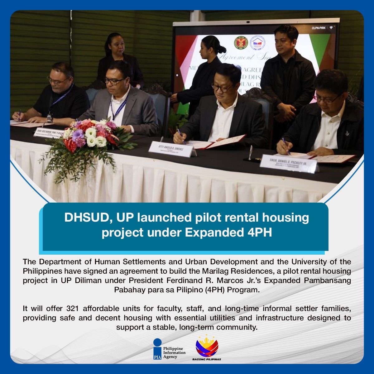 PIADesk's tweet image. The DHSUD and University of the Philippines launched rental housing at UP Diliman under President Ferdinand R. Marcos Jr.’s Expanded 4PH, offering dignified living for faculty, staff, and families in need.

Read full story: pia.gov.ph/press-release/…

#ISM
#IntegratedStateMedia