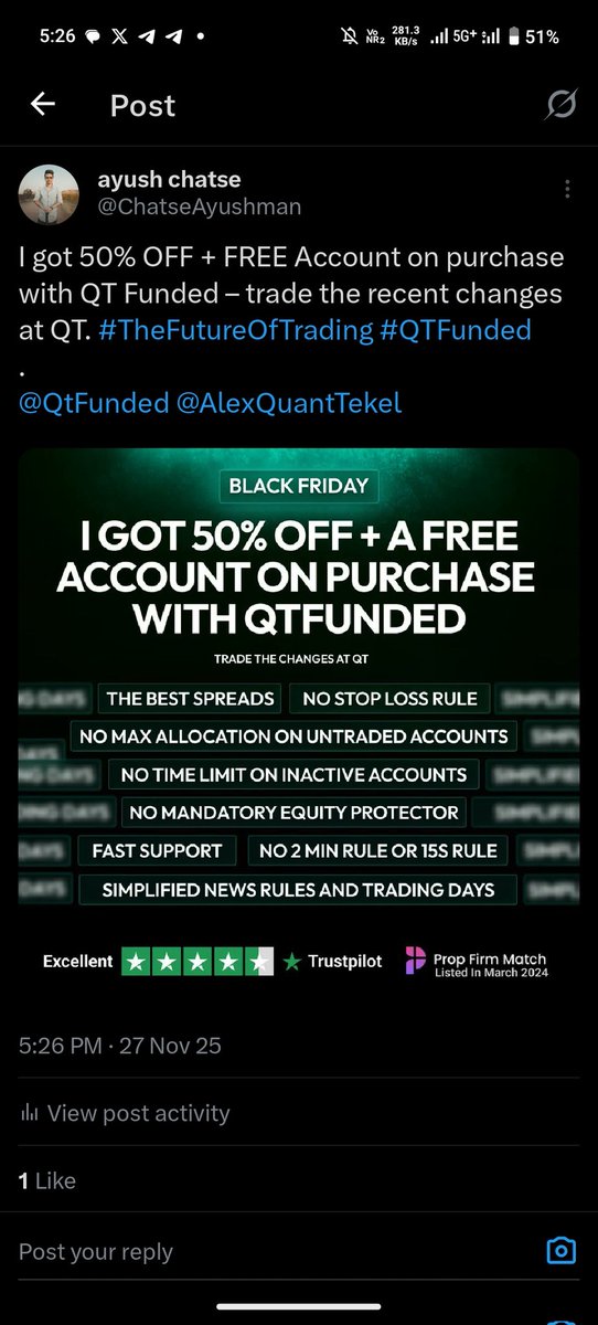 ChatseAyushman's tweet photo. @QtFunded I got 50% OFF + FREE Account on purchase with QT Funded β trade the recent changes at QT. #TheFutureOfTrading #QTFunded
.
@AlexQuantTekel @QtFunded https://t.co/NidEzUGpjl