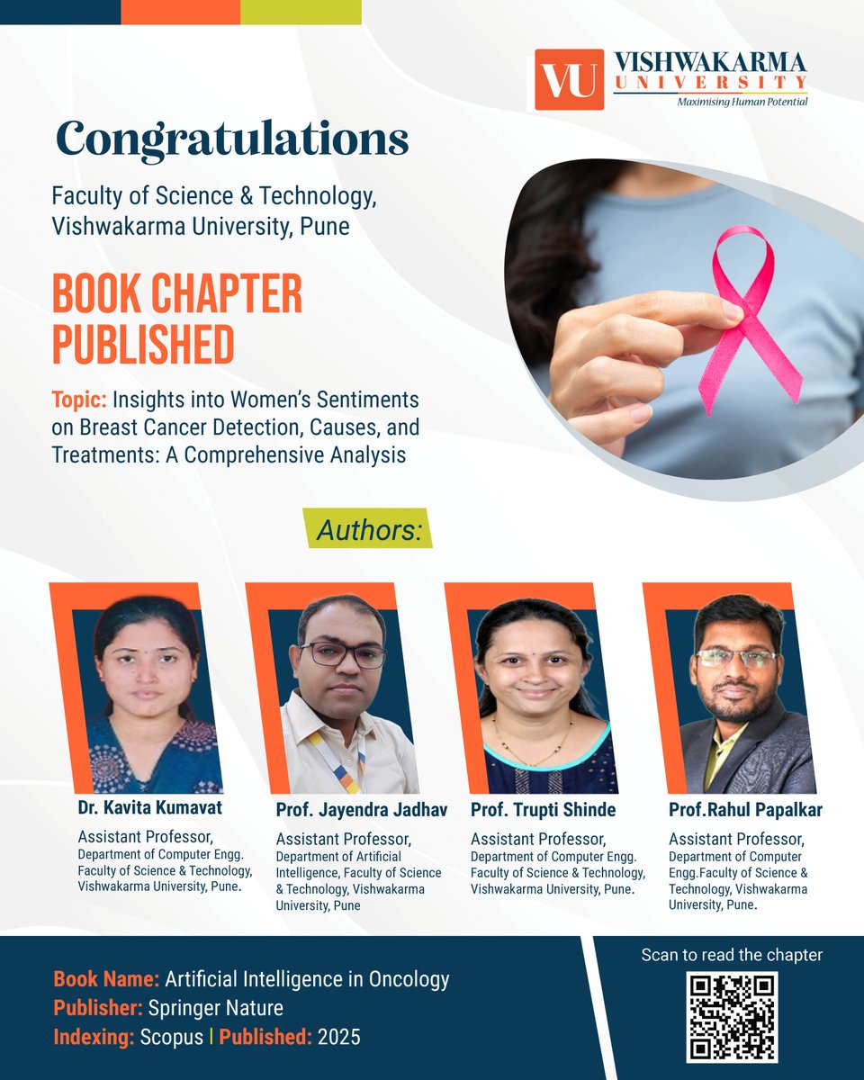 Proud moment for VU!🎉

Dr. Kavita Kumavat, Prof. Jayendra Jadhav, Prof. Trupti Shinde &amp; Prof. Rahul Papalkar publish a Scopus-indexed chapter in Springer Nature on AI &amp; women’s breast cancer insights.✨

#Research #AIInHealthcare #FacultyPride #VUPune #WomensHealth #Scopus