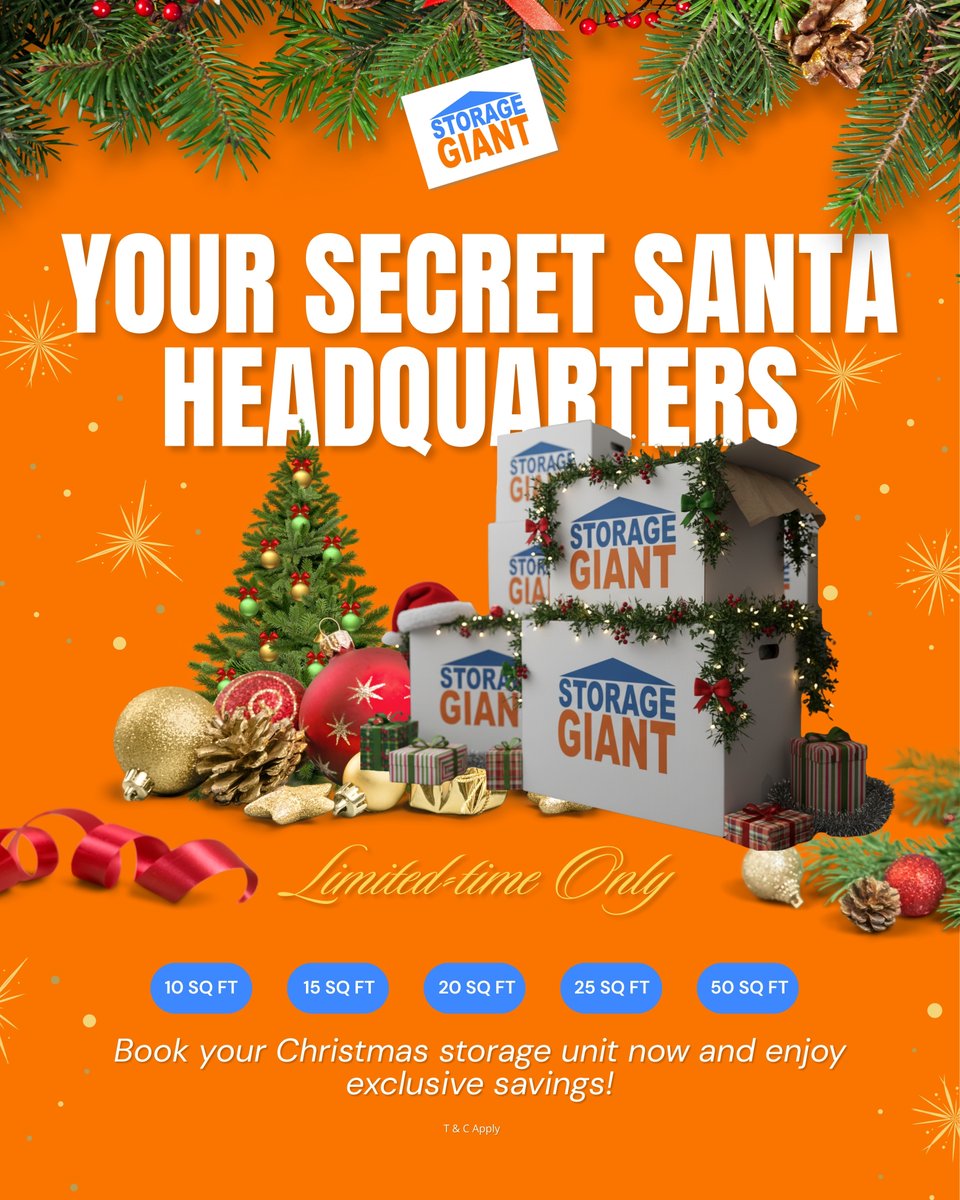 Storage_Giant's tweet image. 🎄 Hide your Christmas presents like a pro!

Our storage units = the ultimate secret Santa HQ 🎅

✅ Complete privacy ✅ Space for bulky gifts
✅ Clutter-free home ✅ Organized Christmas morning
10, 15, 20 &amp;amp; 25 sq ft available. 

Book now! 🎁

#ChristmasStorage #ParentingWin