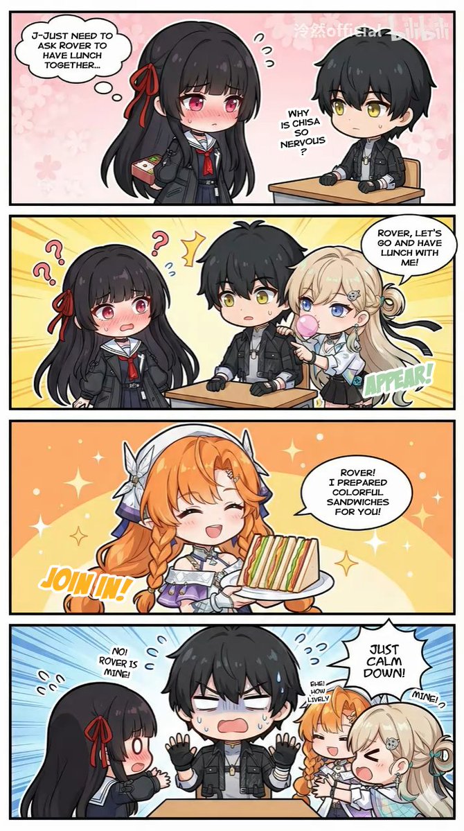 KagaOnda's tweet image. Found some archives of Wuwa 4-koma on Bilibili, set around Rover, Chisa, and the new girls. Re-upload because of some error.