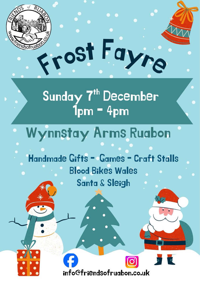 Friends of Ruabon Frost Fayre on Sunday December 7th from 1pm – 4pm at the Wynnstay Arms Hotel in Ruabon.
Lots of stalls, games, Christmas crafts, Santa and his sleigh.
A great way to start the festive season.