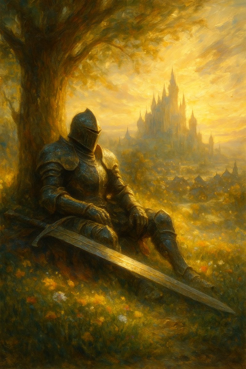 TenebrisVisuals's tweet photo. "In the cradle of dawn, he finds his quiet.
Not in triumph, nor in battle,
but in the gentle warmth of sunlight
touching steel, earth, and memory alike." #AIart #lightfantasy #darkfantasy https://t.co/DW7fg8C02Y