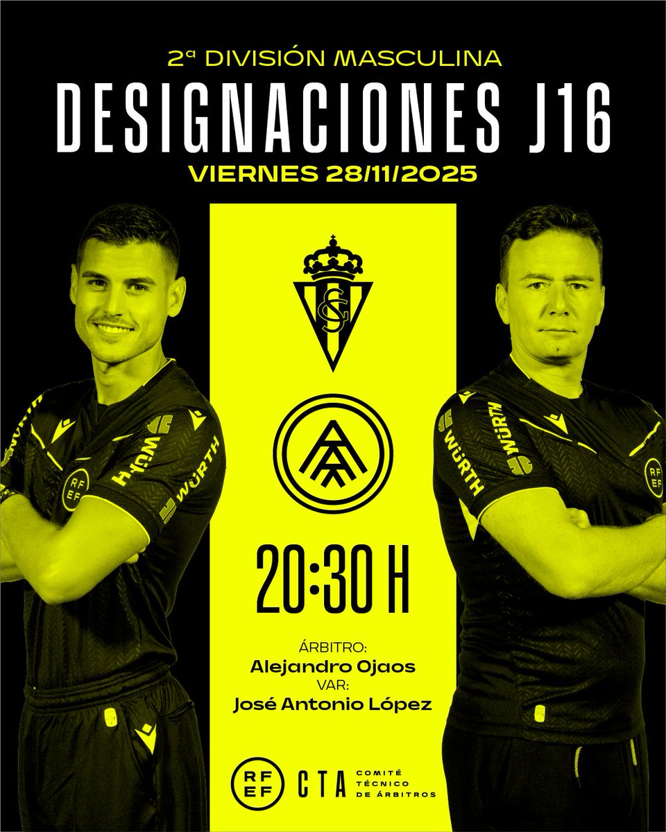rfef's tweet photo. 𝗗𝗘𝗦𝗜𝗚𝗡𝗔𝗖𝗜𝗢𝗡𝗘𝗦 | 𝗝𝗢𝗥𝗡𝗔𝗗𝗔𝟭𝟲 | VIERNES

🟨🟥 Estos son los árbitros para el partido del viernes 28 de noviembre en Segunda División.

👥 Designación completa: https://t.co/SCSUdaoBMC

#ArbitrajeRFEF | @CTARFEF https://t.co/Sfvu2QWmbx
