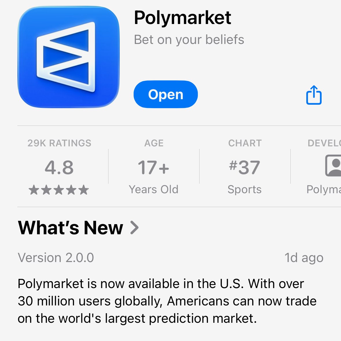 Polymarket just soft-launched something nobody thought would happen this  early. Their first mobile update in months now says the app is available in  the U.S. The Invite Only version is already live