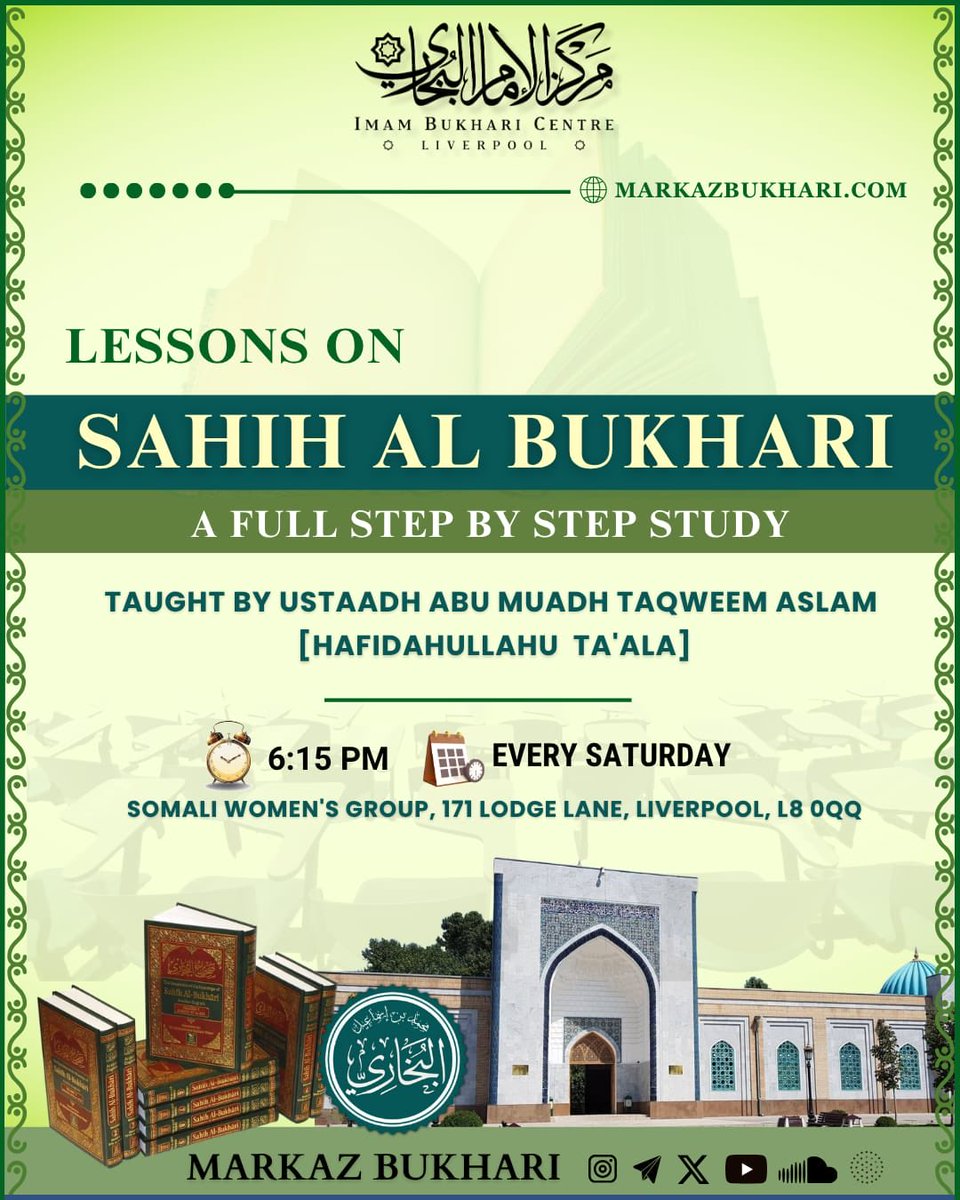 MarkazBukhari's tweet image. 💥𝑵𝒆𝒘 𝑾𝒆𝒆𝒌𝒍𝒚 𝑪𝒍𝒂𝒔𝒔 𝑨𝒏𝒏𝒐𝒖𝒏𝒄𝒆𝒎𝒆𝒏𝒕 

📚Sahih Al Bukharī by Imam Al Bukharī 

📕 The Chapter of Revelation. 

✨ Join us every Saturday for a journey through Saheeh al-Bukhārī — with explanations from Ibn ʿUthaymīn At-ta'liq 'ala sahih al-Bukharī and Ibn…