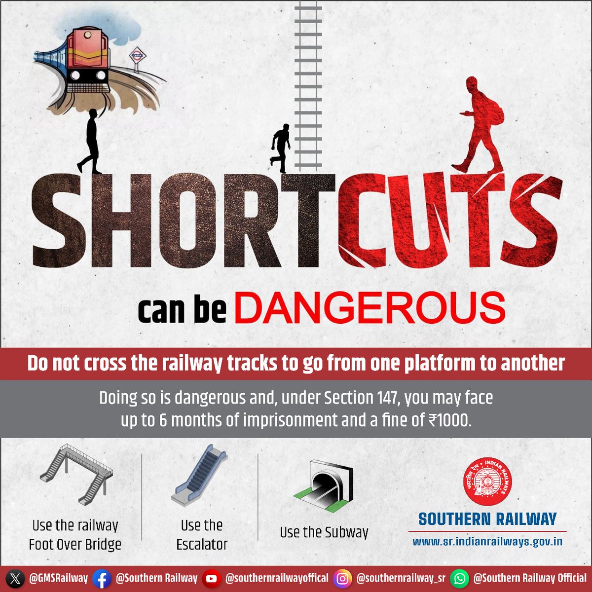 DRMPalghat's tweet photo. A shortcut across the tracks could cut your life short. Use FoBs, Escalator or Subway.
Stay safe. 🚉
#IndianRailways
#SouthernRailway
#RailSafety
#RailwaySafety
#TravelSafe
#SafetyFirst
#safetypolicy
#RailCross
#awareness https://t.co/AGEf2QCg0J
