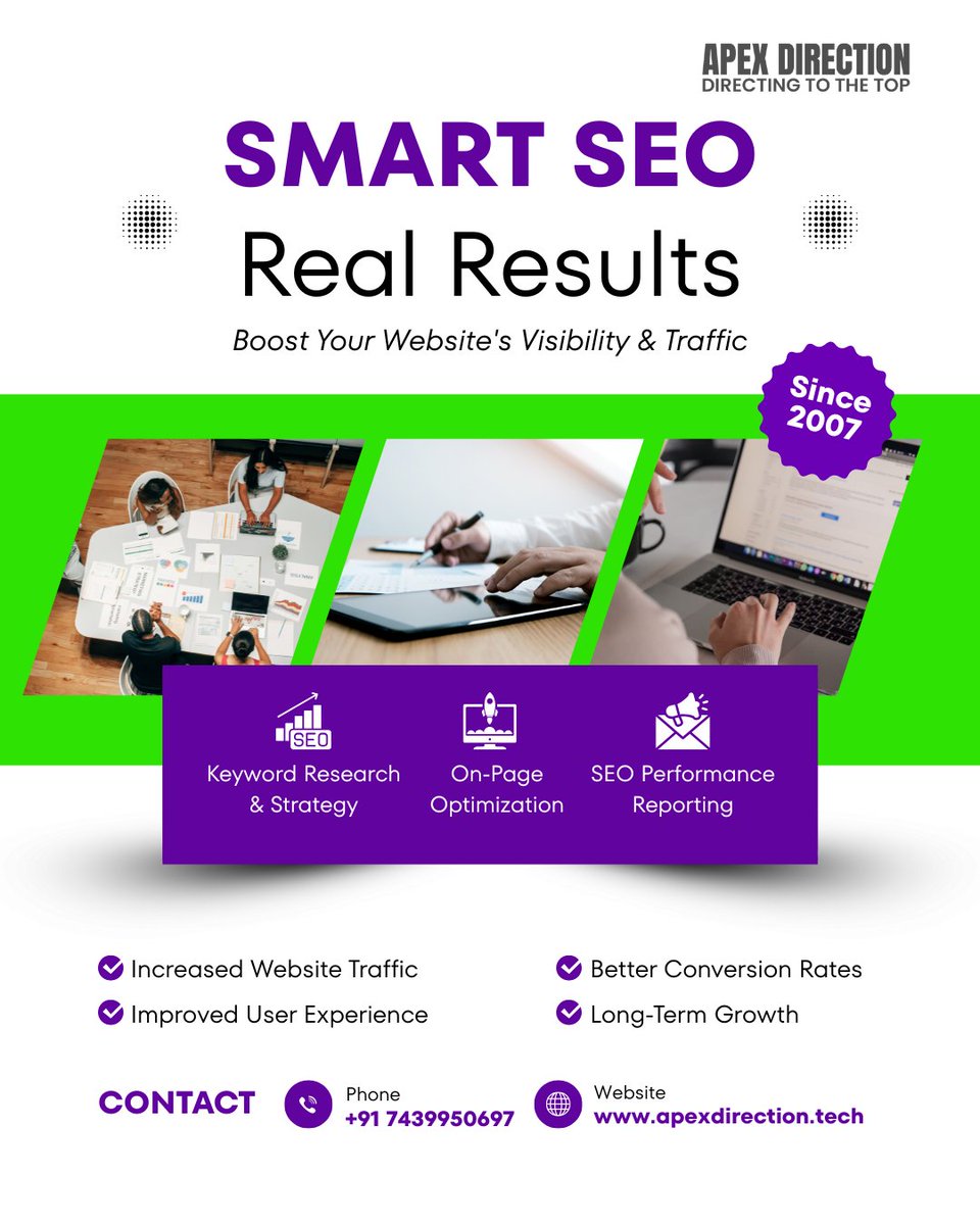 🚀 SMART SEO = REAL RESULTS | Apex Direction

Is your website struggling to get the visibility it deserves? 

If you want real, measurable results for your business, we’re here to help you grow!

📞 Contact: +91 7439950697
🌐 Visit: apexdirection.tech
🚀💼
