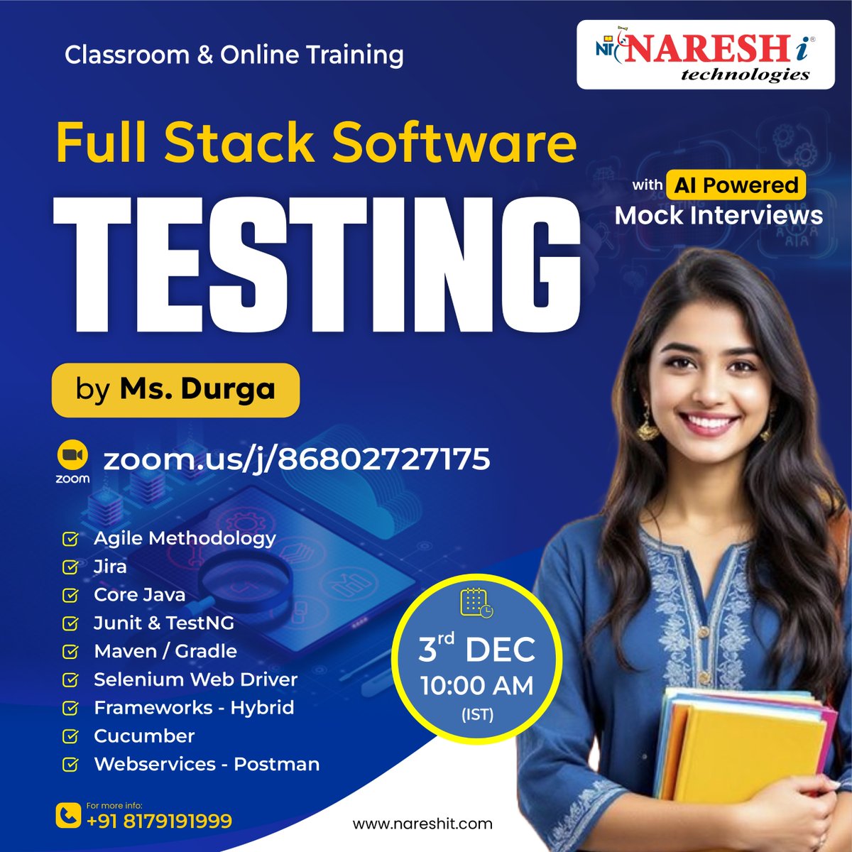 nareshitech's tweet image. 🚀 Launch Your Career in Full Stack Software Testing!

👉 Register Now: t.ly/FSST-3D

By. Ms. Durga, 
📅 Date: 3rd December
⏰ Time: 10:00 AM (IST)

#SoftwareTesting #FullStackTesting #AutomationTesting #ManualTesting #Selenium #TestNG #JUnit #Cucumber #Postman
