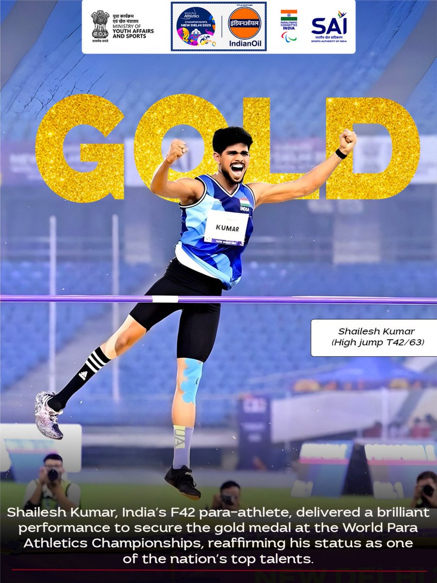 PCI_IN_Official's tweet photo. Golden Leap for India! 
Shailesh Kumar clinches the Gold Medal in Men’s High Jump T42 at the World Para Athletics Championships with a phenomenal performance.
A proud moment for the nation as he continues to shine as one of India’s top para-athletic talents! 
@Media_SAI https://t.co/pHpyKCGHwC