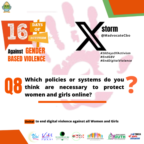 MadvocateCbo's tweet photo. Q8; Which policies or systems do you think are necessary to protect women and girls online?
#16DaysOfActivism 
#EndGBV 
#EndDigitalViolence 

@YSW_Kenya
 @SafeKenya1
@MariakaniY 
 @MadvocateCbo
 @Ysd_kilifi
 @Youth_Dare
 @VYEI_Official
 @Timiza_CC
 @NGECKenya
 @accmatsangoni https://t.co/QCU45Ed7l9