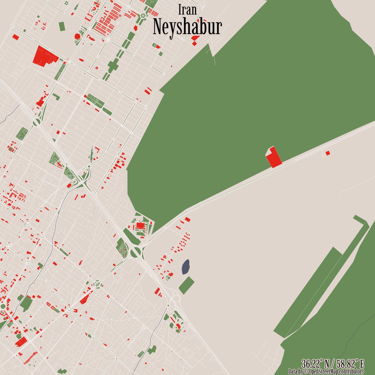 rcityviews's tweet image. Image of Neyshabur, Iran created in #rstats using data from #OpenStreetMap.