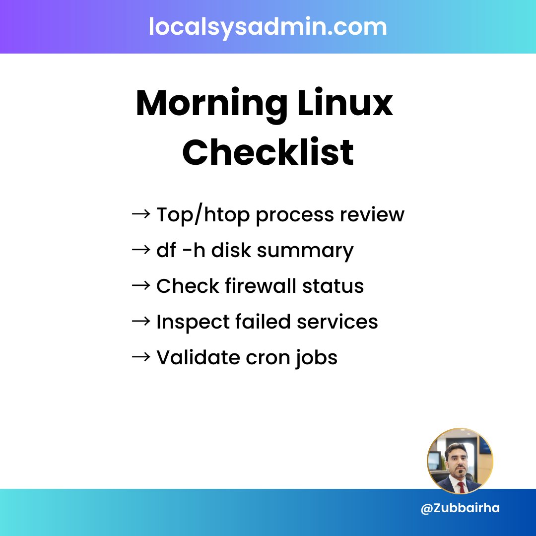Zubbairha's tweet image. Your morning Linux routine shapes your whole day.
Learn these steps clearly → go.gigdu.com/home
#LinuxAdmin #SysAdminLife #Servers #CLI #ITSkills