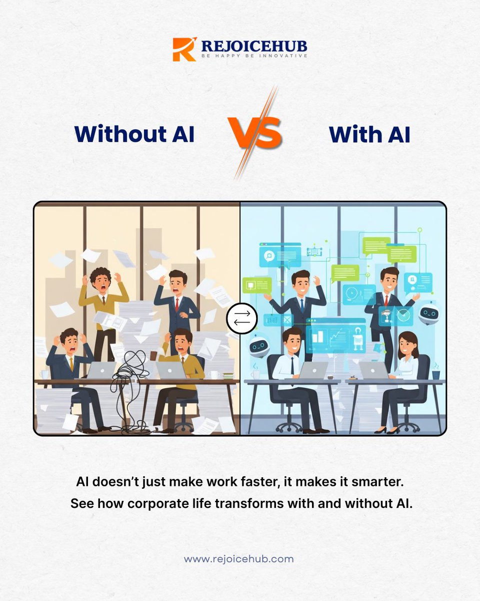 Rejoicehub's tweet image. Without AI, work gets cluttered, slow, and overwhelming.
With AI, workflows become smoother, smarter, and more creative. 🚀
.
.
#rejoicehubllp #WithAI #WithoutAI #FutureOfWork #AIinBusiness #WorkSmarter #ProductivityBoost #AIRevolution #SmartOffice #ExplorePage