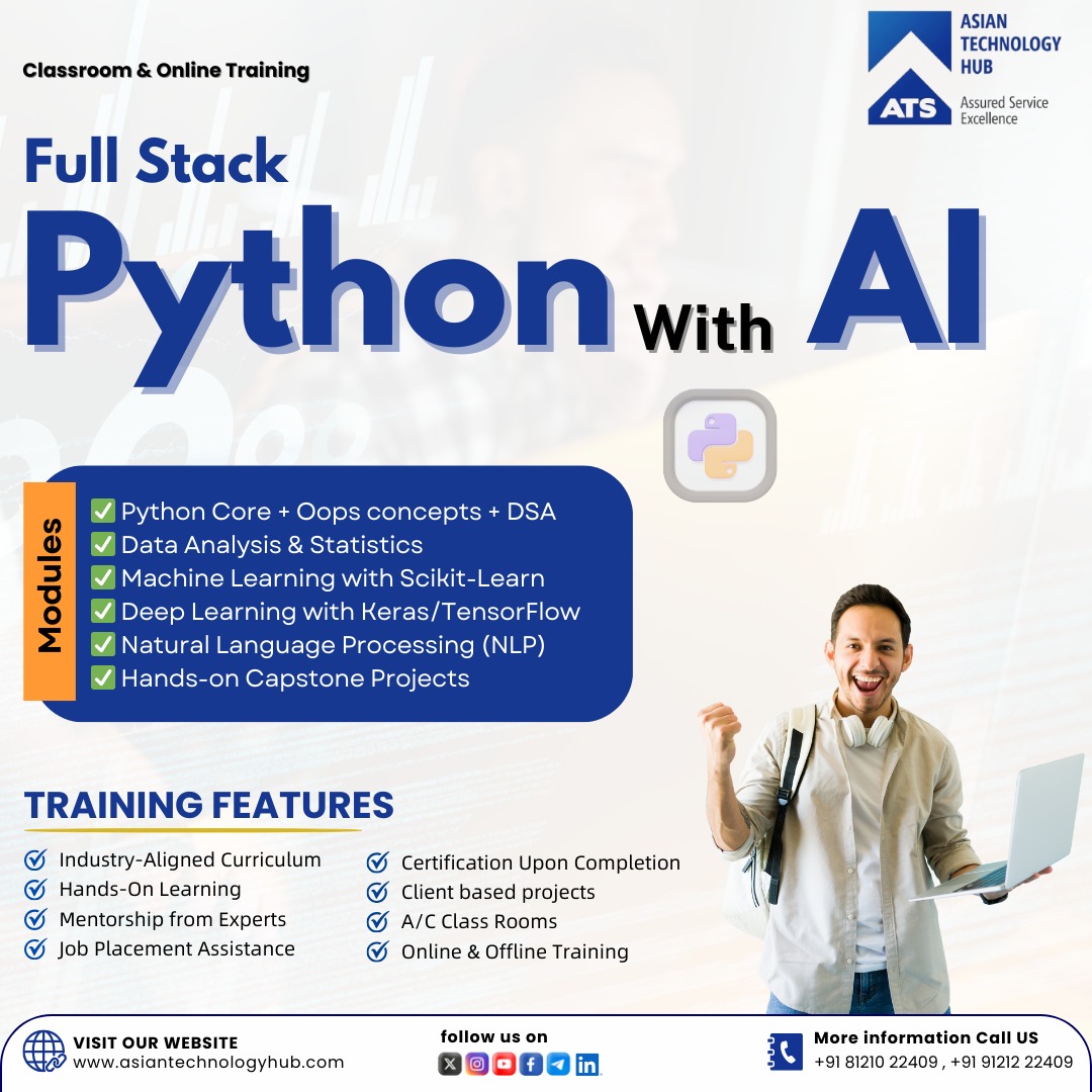 ATS_TechHub's tweet image. 🚀 Become a Full Stack Python Developer with AI Skills!
Learn Python, ML, DL, NLP &amp;amp; real-time projects designed for industry readiness.

📍 Madhapur, Hyderabad
📞 81210 22409 | 91212 22409
🔗 Register: tally.so/r/mREvJQ

#Python #AI #MachineLearning #DataScience