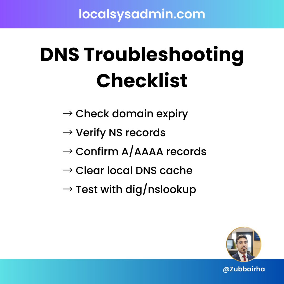 Zubbairha's tweet image. DNS issues break everything — these checks solve 90%.
Learn DNS the simple way → go.gigdu.com/home
#DNS #Networking #SysAdmin #WebHosting #ITSupport
