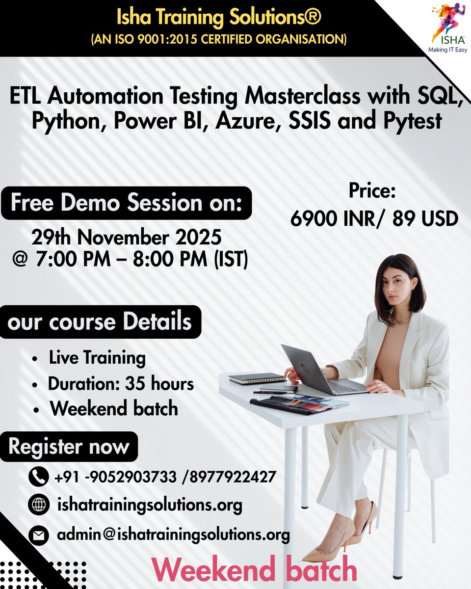IshaKumargupta's tweet image. Isha Training Solutions presents &quot;ETL Automation Testing Masterclass&quot;-Live Training
Free Demo On:29th Nov @ 7PM(IST)/29th Nov@ 8:30 AM(EST)
You can register by joining the link below
docs.google.com/forms/d/e/1FAI…
Call/WhatsApp @ 9133190573
#ETLTesting #ETLAutomation #DataTesting