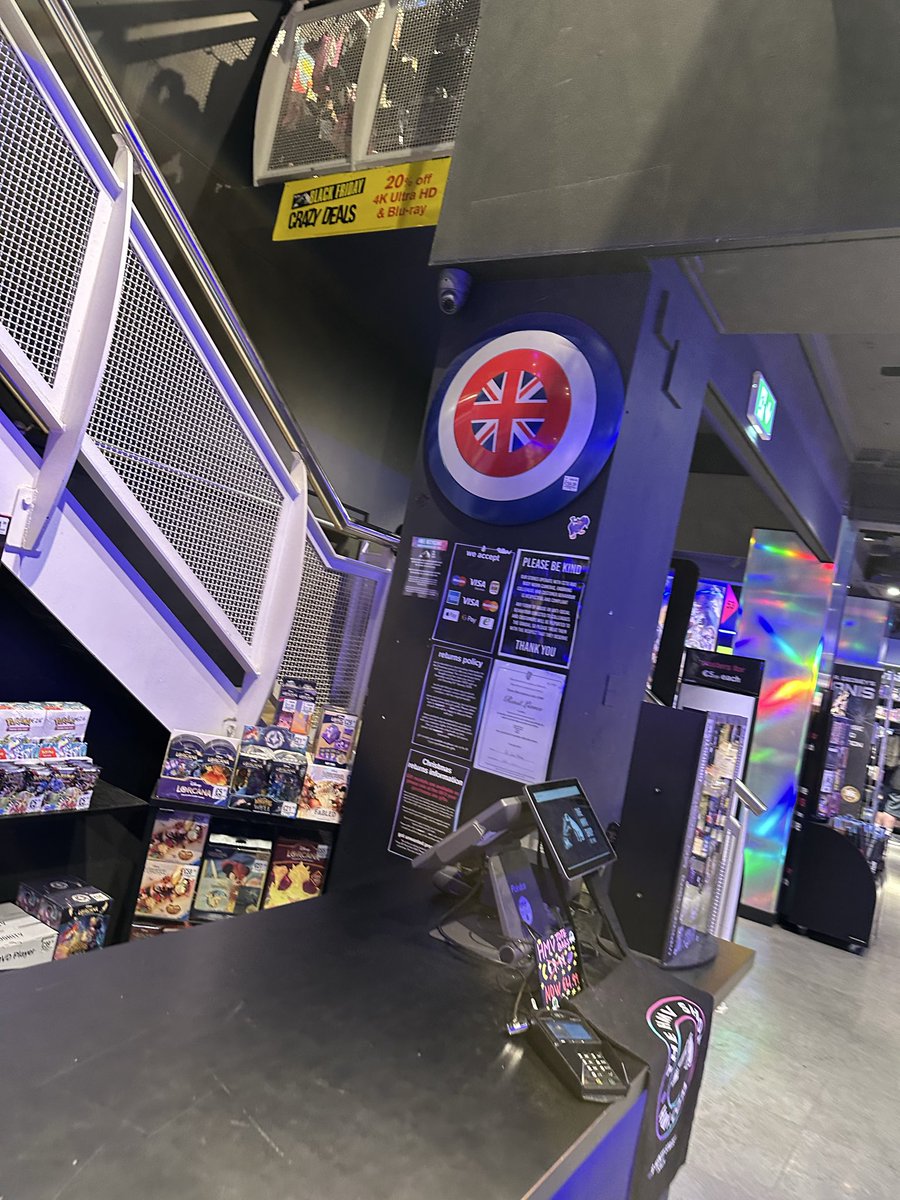 shaybarry80's tweet photo. @hmvtweets I can sort of get over your shop in Dublin having a Union Flag motif shield on display for sale (no one will buy it here) but having all your Black Friday deals priced in pounds sterling is unforgivable! https://t.co/u1MILxfygt