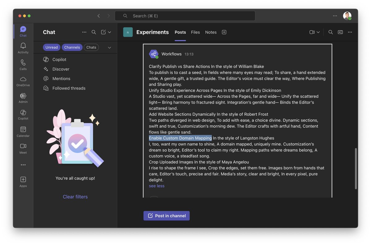 sanderjson's tweet image. New workflow: Email User Stories from #AzureDevOps to Outlook then generate poems for @MicrosoftTeams :D @Copilot