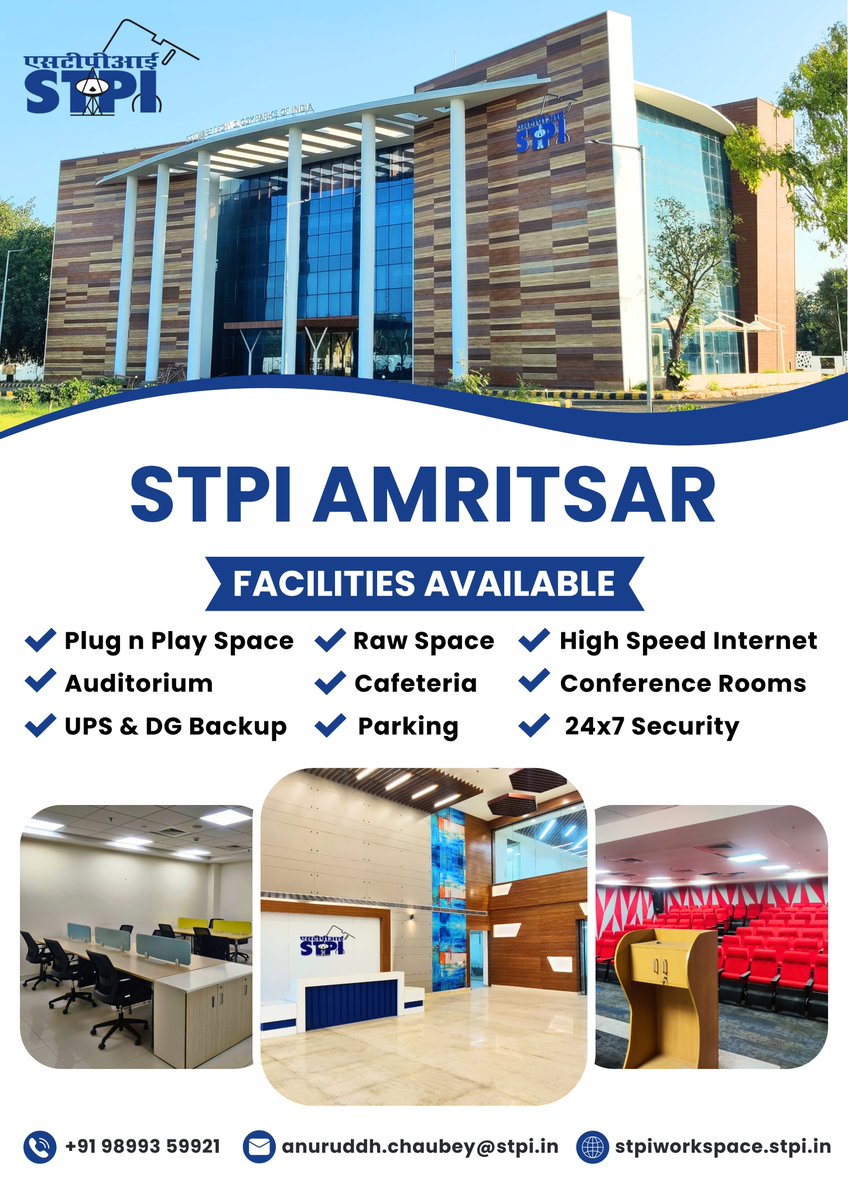 STPIAmritsar's tweet image. &quot;Plug into success with STPI&apos;s ready-to-use incubation facilities @STPIAmritsar for seamless operations and technological advancement.&quot;
Apply at: stpiworkspace.stpi.in
@arvindtw
@Shail2108
@stpiindia
@STPIMohali