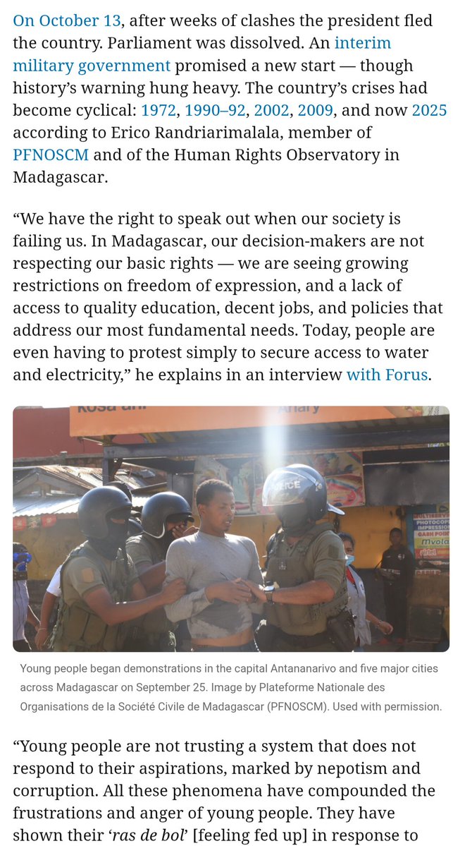 DagoNewsreader's tweet image. 🚩 &quot;History’s warning hung heavy. 

The country’s crises had become cyclical: 1972, 1990–92, 2002, 2009, and now 2025 according to Erico Randriarimalala, member of PFNOSCM and of the Human Rights Observatory in #Madagascar.
#MilitarySummary #SocioPoliticalCrisis (@globalvoices )