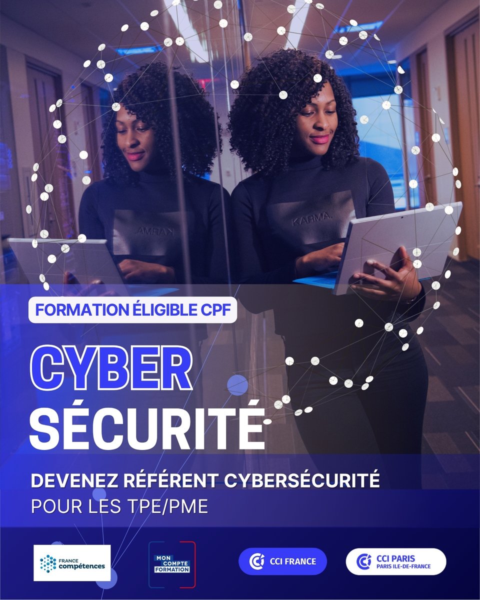 🚨 Protégez votre activité face aux cybermenaces !
Formez-vous avec la CCI Paris pour devenir référent #cybersécurité en 5 jours.
🎓 #Formation certifiante et éligible CPF
👉 Infos et inscription : cciparisidf.fr/bbcu0kl