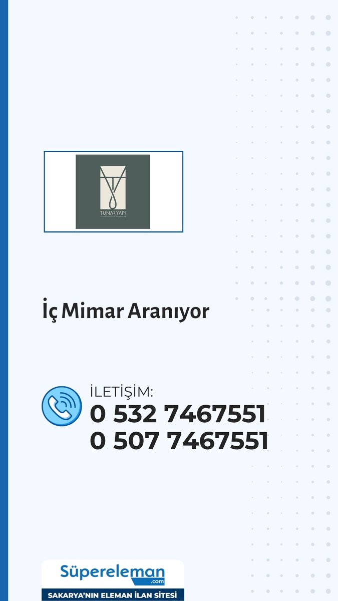 İç Mimar Aranıyor

📌 İlan detayları:
supereleman.com/job/job_ifsh_1…

🌐 Daha fazla ilan görmek için web sitemizi ziyaret edebilirsiniz: supereleman.com #sakarya #işilanı #işfırsatı #personel