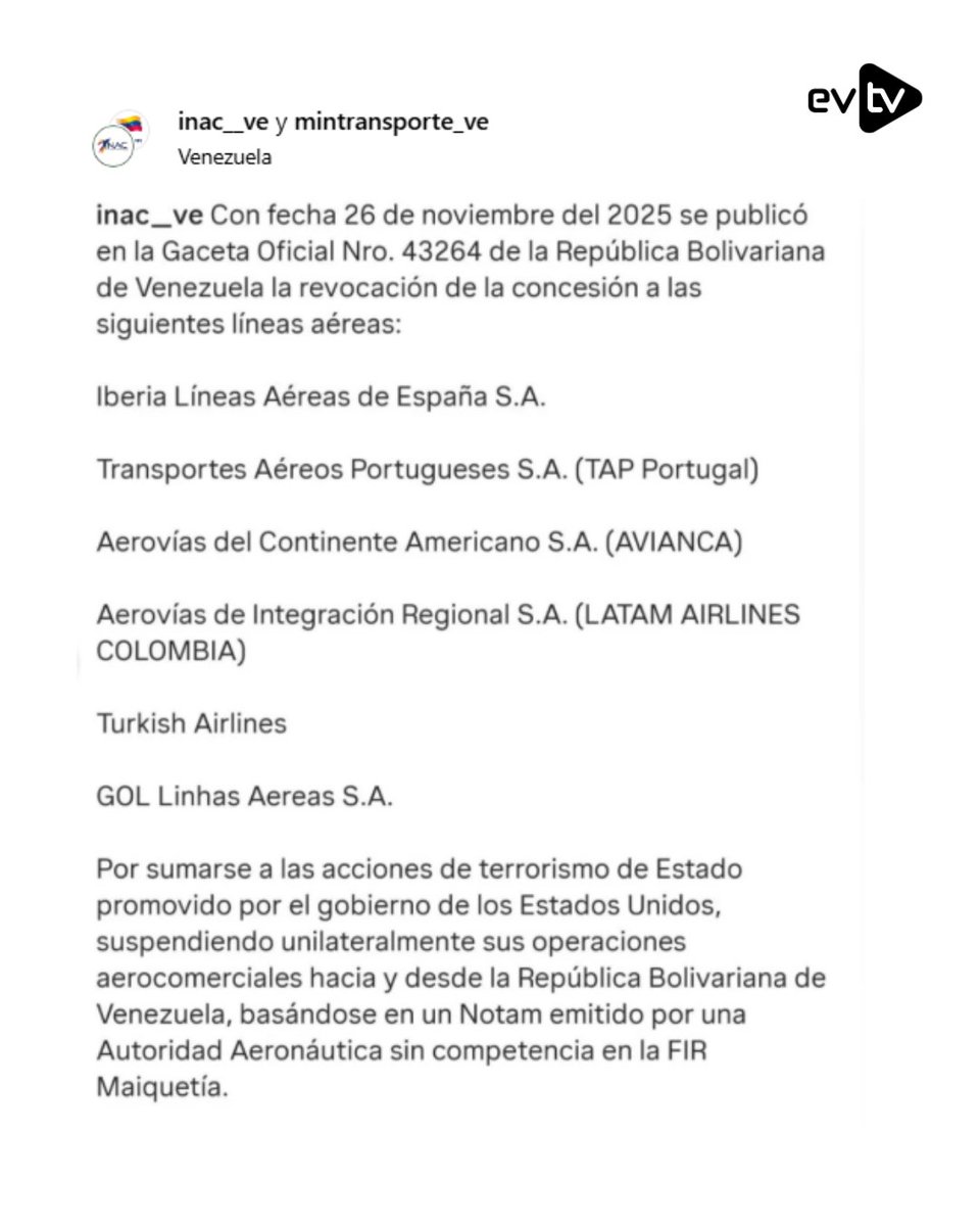 🚫✈️ Régimen de Maduro revoca permisos a 6 aerolíneas internacionales

🇻🇪 La dictadura formalizó la cancelación definitiva de las concesiones a Iberia, TAP Portugal, Avianca, Latam, Turkish Airlines y GOL tras cumplirse el ultimátum para que retomaran vuelos a Venezuela.

📛 La