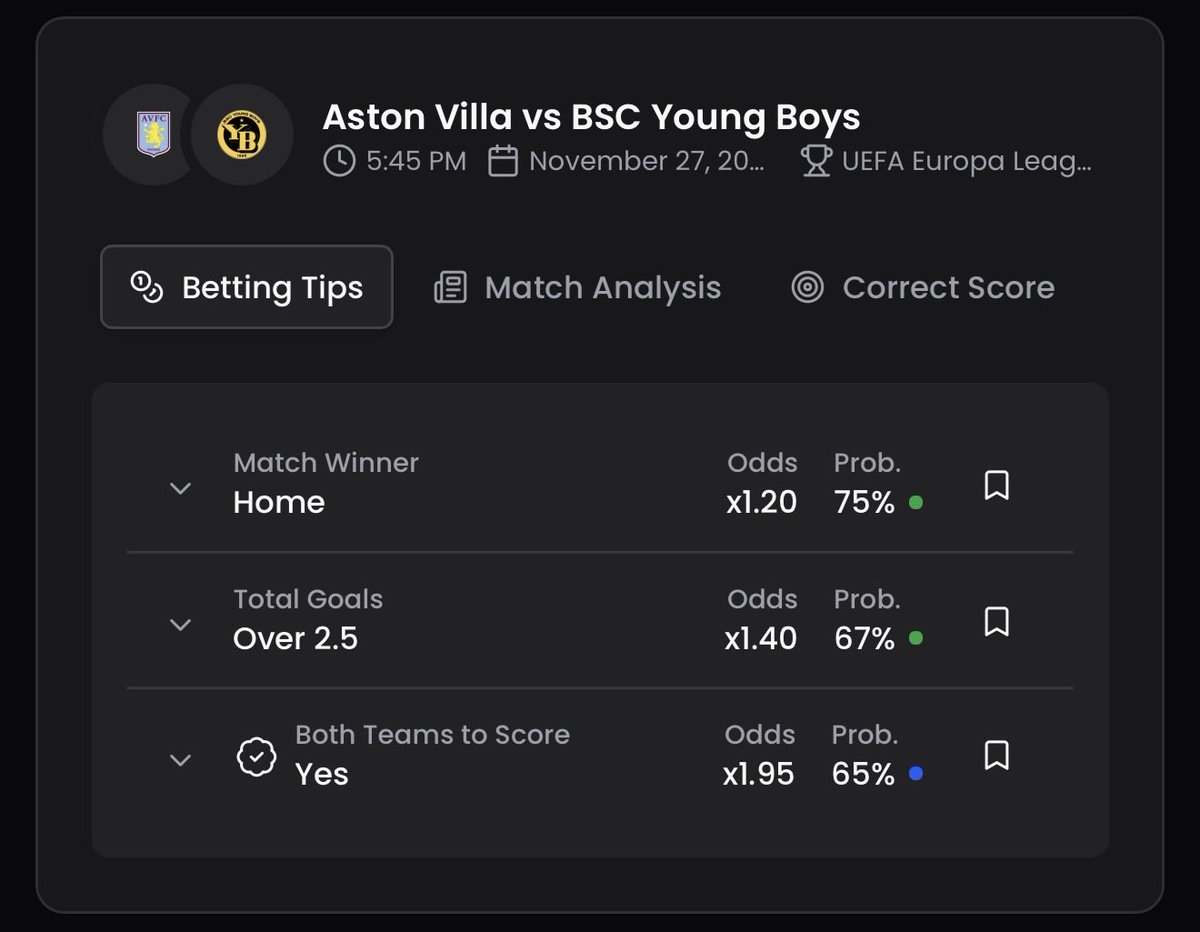ur_tips's tweet photo. Tip: BTTS – Yes
Prob: 65%
Young Boys create enough to grab a goal, but Villa should control the game.

#AstonVilla #YoungBoys #EuropaLeague https://t.co/dJhrQ8XNtL