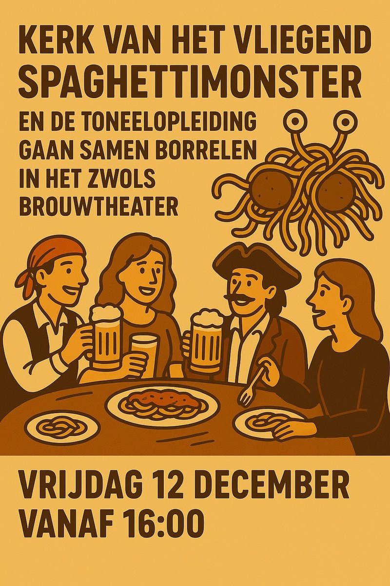 KerkVsm's tweet photo. PROOST! Kom meeborrelen op de Pastafarische VrijMiBo!  Vrijdag 12 december, vanaf 16:00, in het Zwols Brouwtheater.

https://t.co/w0kpxgnm3N

Kom je mee borrelen? Laat ons weten via de email contact@kerkvanhetvliegendspaghettimonster.org https://t.co/PbKsriCzsJ