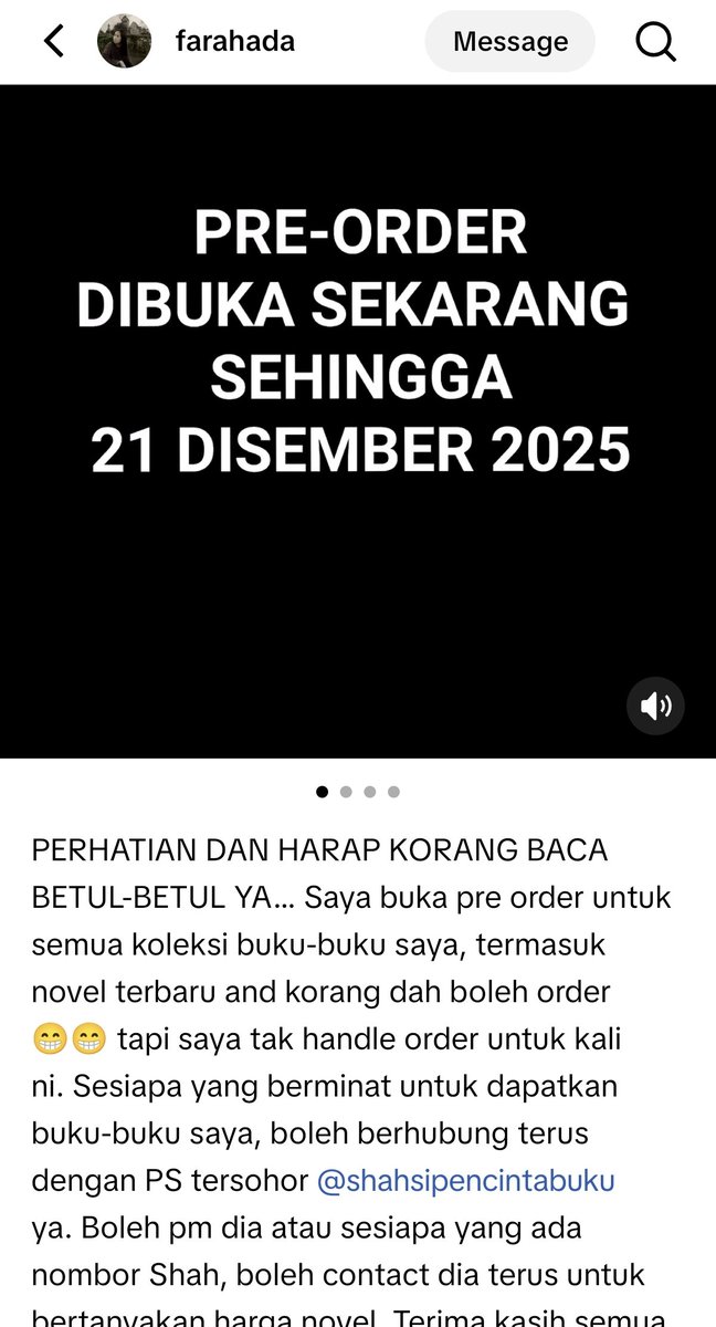 Berita baik untuk penggemar novel Farahada. Dia dah open pre order untuk semua novel dia. Tapi kali ni SH yang akan uruskan. Jadi siapa yang nak order boleh roger2 atau join je group telegram SH

t.me/+e_Tl3LxLHbo3Z…