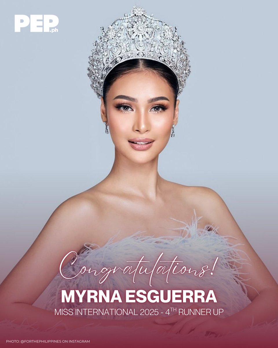 PEPalerts's tweet image. PHILIPPINES SHINES AS MYRNA FINISHES 4TH RUNNER-UP! 🇵🇭✨

Myrna Esguerra closes her Miss International journey with grace, earning the 4th Runner-Up spot and making the Philippines proud.

#MissInternational #MyrnaEsguerra #PEPCoverage #PEPXMissInternational2025