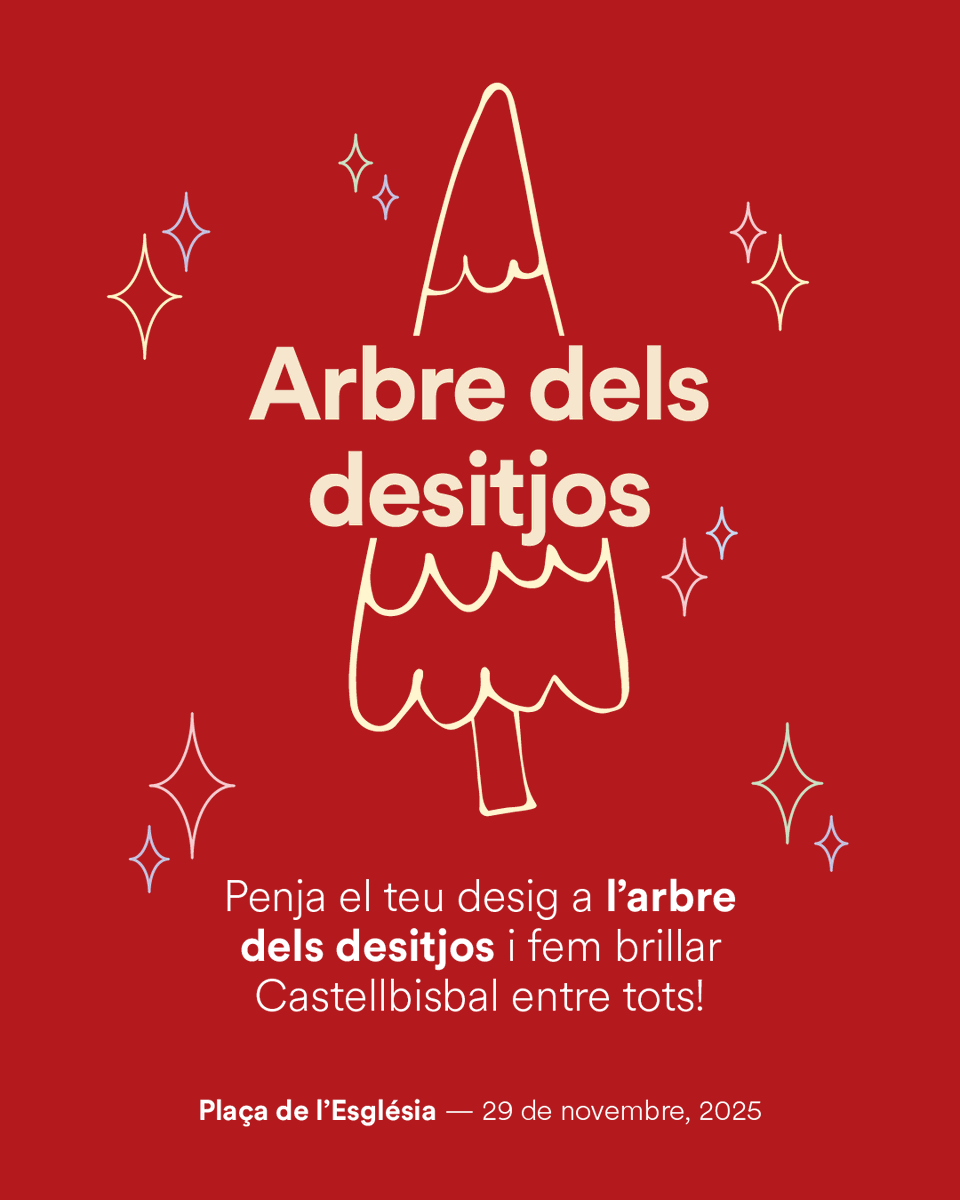 🌲Arbre dels desitjos🌲
Vine a penjar el teu desig a l’arbre dels desitjos i fem brillar ✨ Castellbisbal entre tots!
📍Plaça de l'Església

#EncenLaMagiaDelNadal #FiraDeNadal #EncesaDeLlums #ArbreDelsDesitjos #Castellbisbal