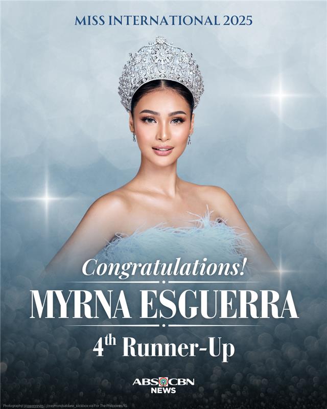 SALAMAT SA PAGLABAN, MYRNA! ✨

Philippine bet Myrna Esguerra finished 4th runner-up in Miss International 2025.