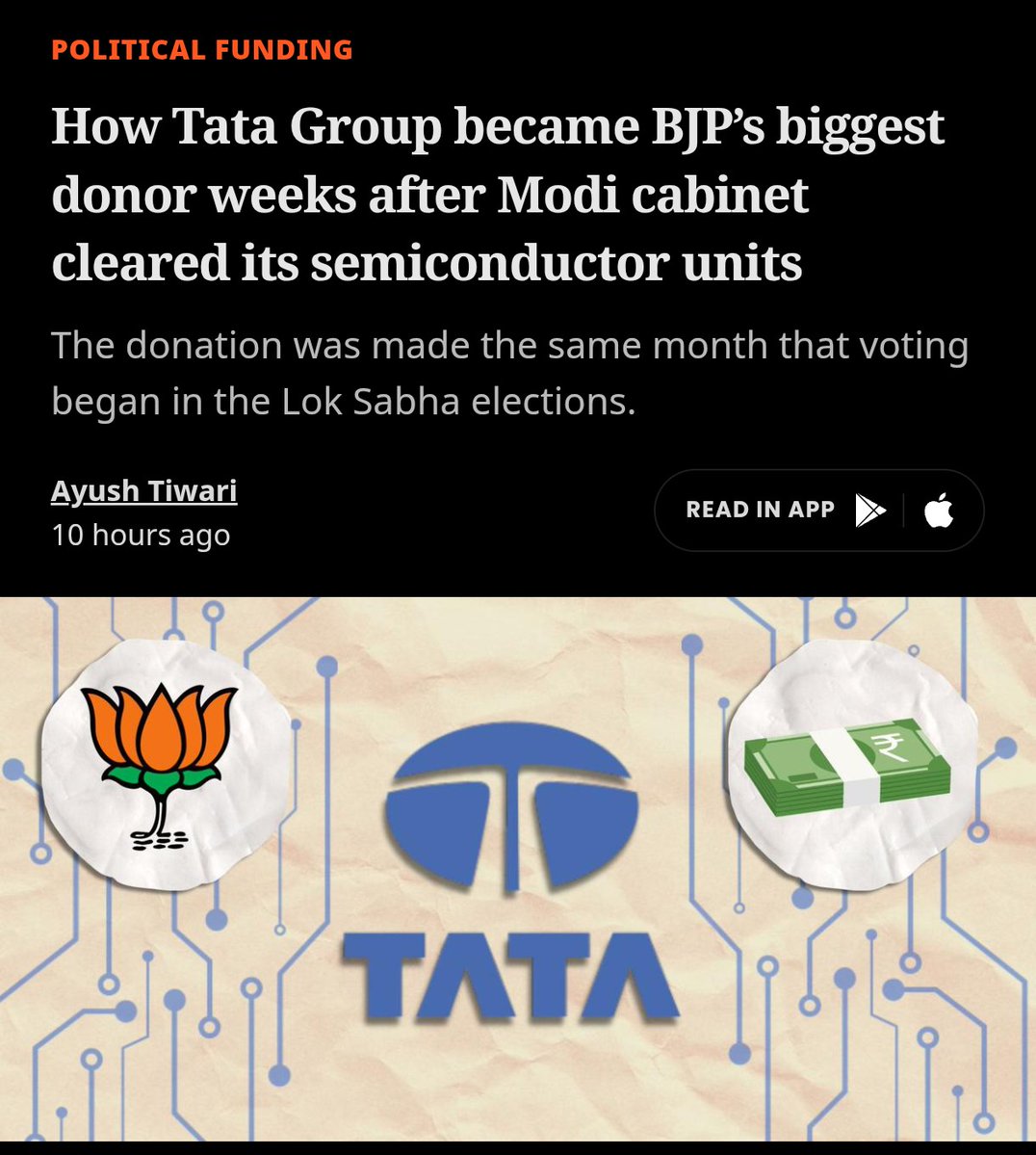 tanmoyofc's tweet image. BOOM 💥

𝐓𝐚𝐭𝐚&apos;𝐬 ₹𝟕𝟓𝟕 𝐂𝐫𝐨𝐫𝐞 𝐁𝐉𝐏 𝐏𝐚𝐲𝐨𝐟𝐟 𝐀𝐟𝐭𝐞𝐫 𝐌𝐨𝐝𝐢&apos;𝐬 ₹𝟒𝟒,𝟐𝟎𝟑 𝐂𝐫𝐨𝐫𝐞 𝐒𝐮𝐛𝐬𝐢𝐝𝐲 𝐉𝐚𝐜𝐤𝐩𝐨𝐭!

⚠️ Quid Pro Quo Alert! 
Just weeks after #Modi&apos;s Cabinet Greenlit #Tata&apos;s Massive Semiconductor Plants in Gujarat &amp;amp; Assam on Feb 29,…