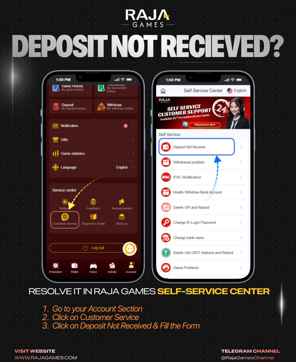 rajagames_'s tweet photo. ❓ Deposit Not Received? 💡

Don't worry! Resolve it instantly in Raja Games Self-Service Center:

1️⃣ Go to Account Section
2️⃣ Click Customer Service
3️⃣ Select "Deposit Not Received" &amp; fill the form

24/7 support at your fingertips! ✨

#rajagames #bonus https://t.co/oV7V2M0Zr8