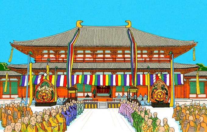 いつぞやのNHK「歴史秘話ヒストリア」に描いた興福寺火事絵巻。再建編。興福寺はなんと7回焼けて8回建て直している。まさしく七転び八起き。