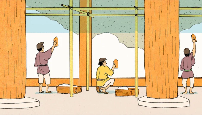 いつぞやのNHK「歴史秘話ヒストリア」に描いた興福寺火事絵巻。再建編。興福寺はなんと7回焼けて8回建て直している。まさしく七転び八起き。