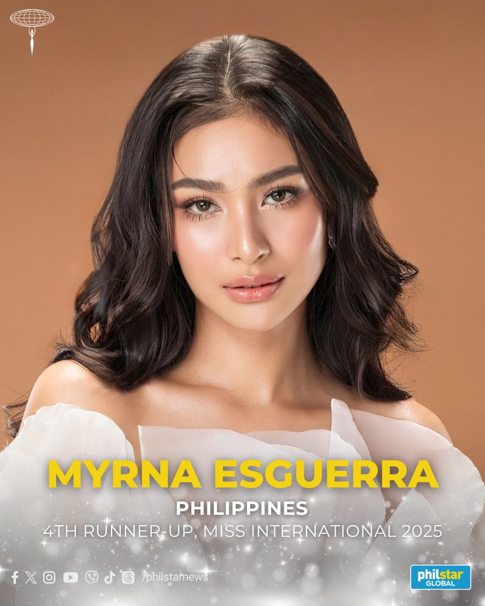 PhilstarNews's tweet photo. CONGRATULATIONS, MYRNA! 👑

Philippine bet Myrna Esguerra finished as 4th runner-up at the #MissInternational2025 on Thursday, November 27.

Thank you for representing our country, queen! 🇵🇭 https://t.co/9iqpKHHlDL