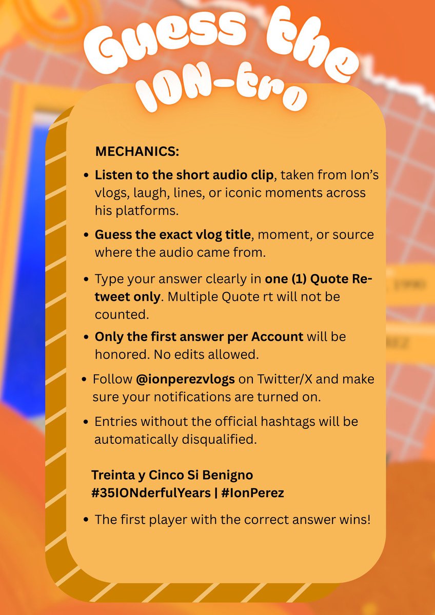 ionperezvlogs's tweet photo. 𝐆𝐮𝐞𝐬𝐬 𝐭𝐡𝐞 𝐈𝐎𝐍-𝐭𝐫𝐨

Listen to the short audio clip and guess the exact title, moment, or intro, kaya mo ba i-Guess the ION-tro? 😉

5 people will win Mcdonald’s McNuggets.

𝗧𝗵𝗲 𝗴𝗮𝗺𝗲 𝗶𝘀 𝗜𝗢𝗡! 🔥

Treinta y Cinco Si Benigno
#35IONcredibleYears | #IonPerez https://t.co/00KhF5iW2B