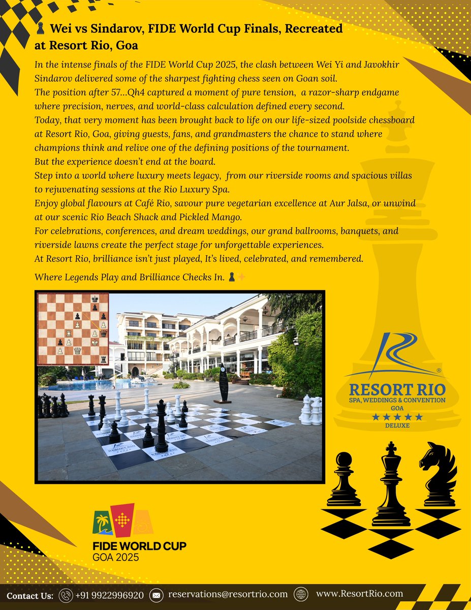 ResortRio's tweet image. ♟️ Wei vs Sindarov, FIDE World Cup Finals, Resort Rio, Goa

A moment of pure tension from the finals,  the position after 57…Qh4,  now recreated on our majestic poolside chessboard at Resort Rio, the proud host of the FIDE World Cup 2025.♟️✨

#ResortRio #FIDEWorldCup2025