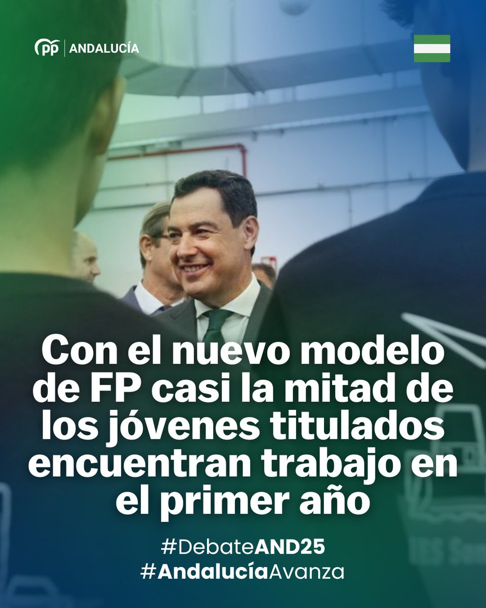 🟢 Con el nuevo modelo de FP casi la mitad de los jóvenes titulados encuentran trabajo en el primer año tras finalizar sus estudios.

#Andalucíalidera
#DebateAND25