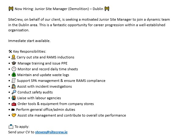 SiteCrewLimited's tweet image. #juniorsitemanager #Dublin #demolitionprojects