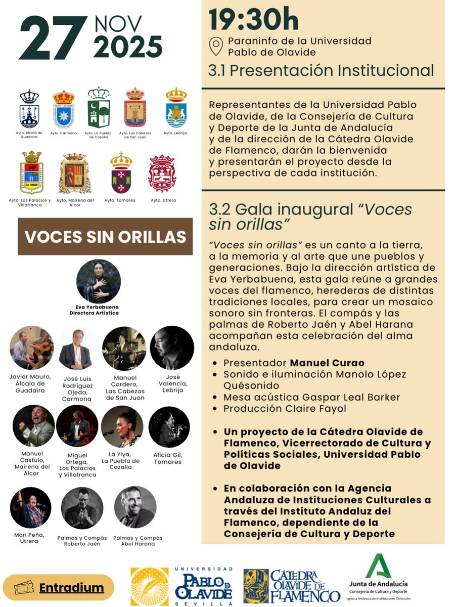 Hoy es la 1ª de las actividades entre el <a href="/iaflamenco/">Instituto Andaluz del Flamenco</a> y la <a href="/pablodeolavide/">Pablo de Olavide</a> !

A las 19:30 horas, en el Paraninfo de la Universidad, Gala inaugural con artistas flamencos de los nueve ayuntamientos adheridos a la Cátedra de Flamencología de la UPO.

ℹ️catedraflamencoupo.com