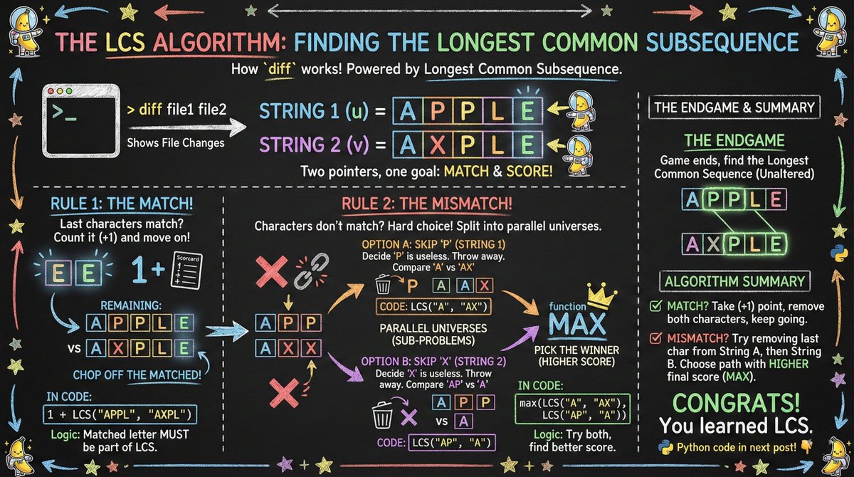 devloper_hs's tweet image. Ever wondered how diff works in your terminal to show file changes?

It’s powered by a clever algorithm called the Longest Common Subsequence (LCS).

Lets break it down. 👇

Think of the algorithm as a game where you are trying to match characters from the end of two strings.…