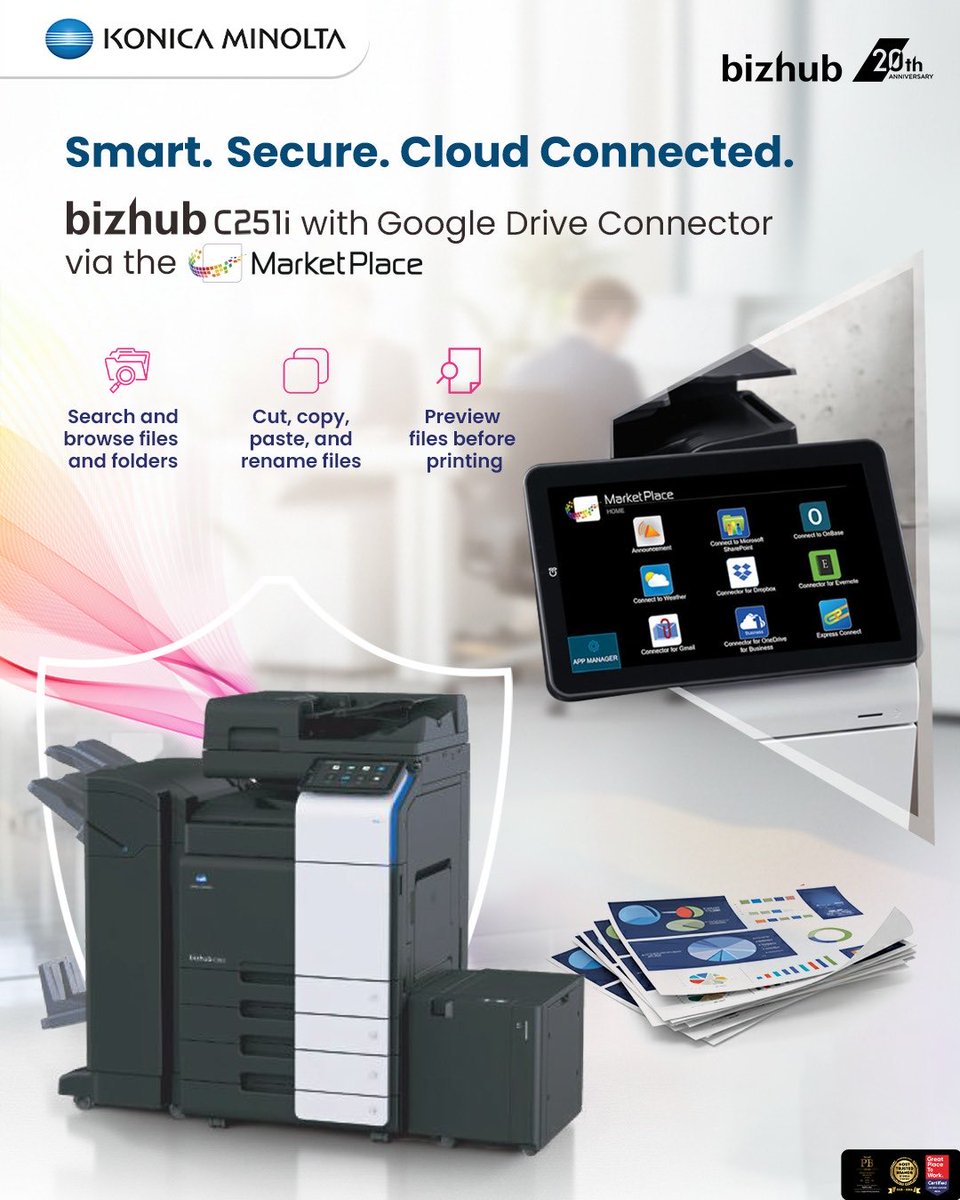 KonicaIndia's tweet photo. Smart. Secure. Cloud-connected.The bizhub C251i with Google Drive Connector brings seamless workflow management right to your fingertips.Access, organise, upload and print, all from one intelligent Marketplace-enabled device.

#KonicaMinolta #bizhubC251i #CloudConnected #SmartWorkflows
